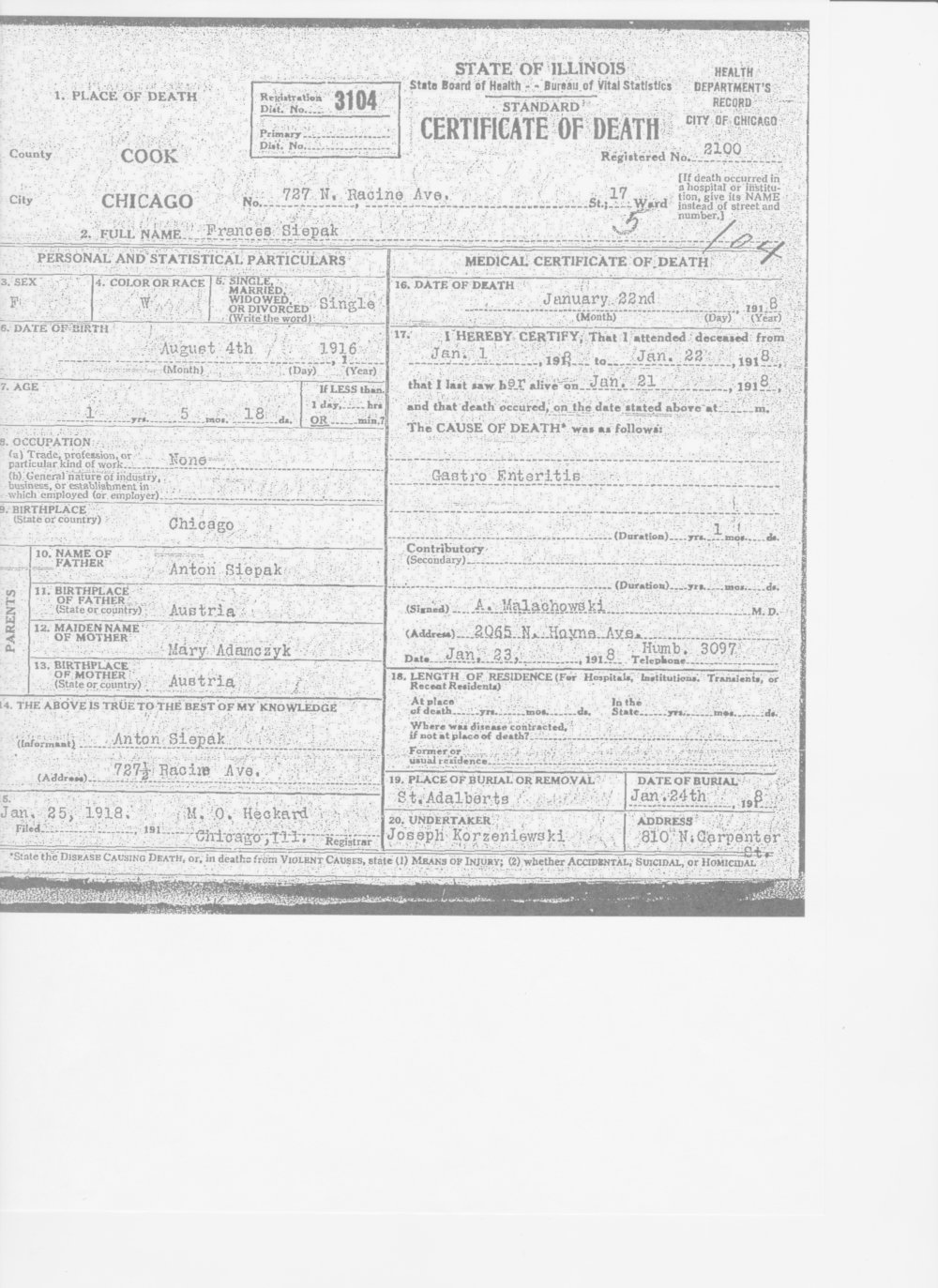 Original Illinois death certificate for Frances Siepak, naming Anton Siepak and Mary Adamczyk as her parents